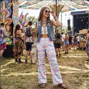 Cider Wide Leg Pants L Pastel Tie Dye Watercolor High Rise Flowy Boho Festival